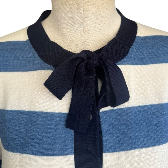 J. Crew Jackie Tie-Neck Striped Merino Wool Cardigan Ivory & Lagoon Blue Medium - Picture 5 of 11